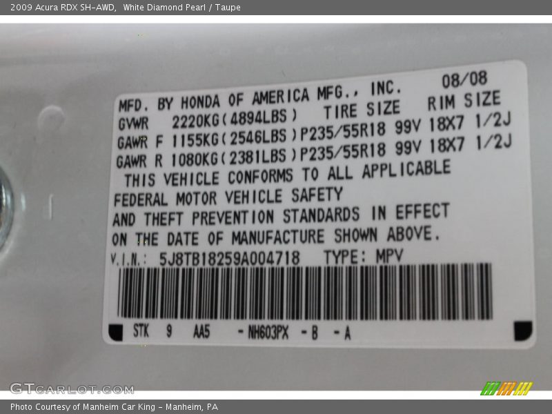 White Diamond Pearl / Taupe 2009 Acura RDX SH-AWD