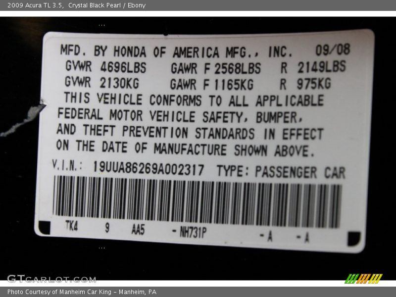 Crystal Black Pearl / Ebony 2009 Acura TL 3.5
