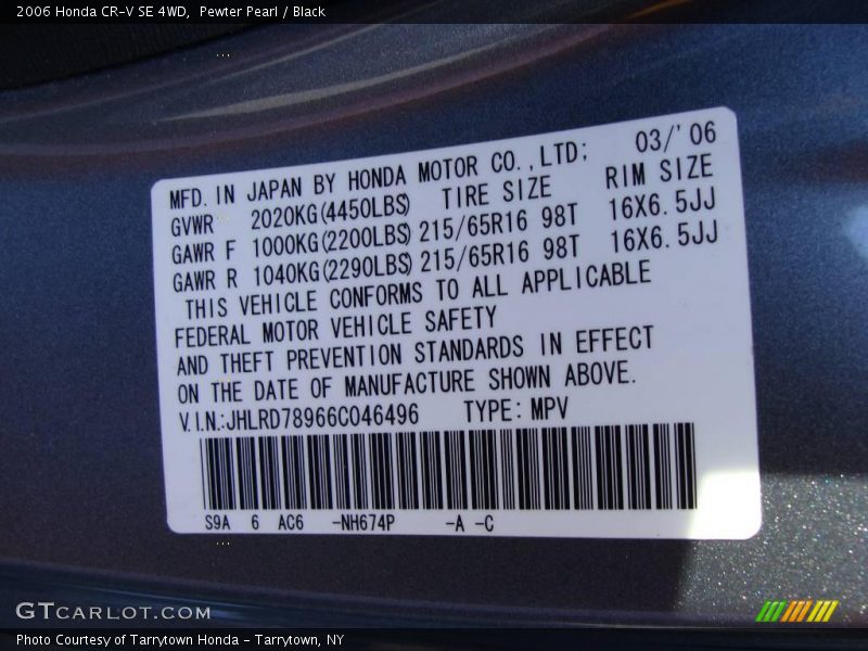 Pewter Pearl / Black 2006 Honda CR-V SE 4WD