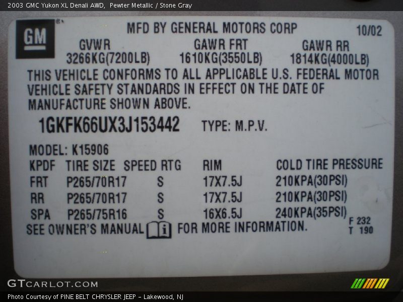Pewter Metallic / Stone Gray 2003 GMC Yukon XL Denali AWD