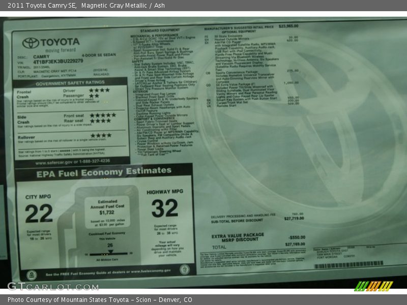 Magnetic Gray Metallic / Ash 2011 Toyota Camry SE