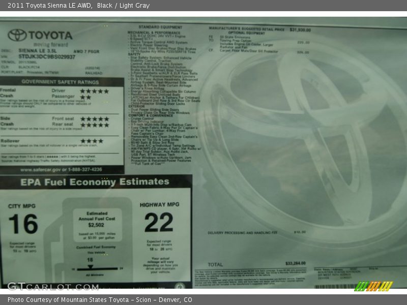 Black / Light Gray 2011 Toyota Sienna LE AWD