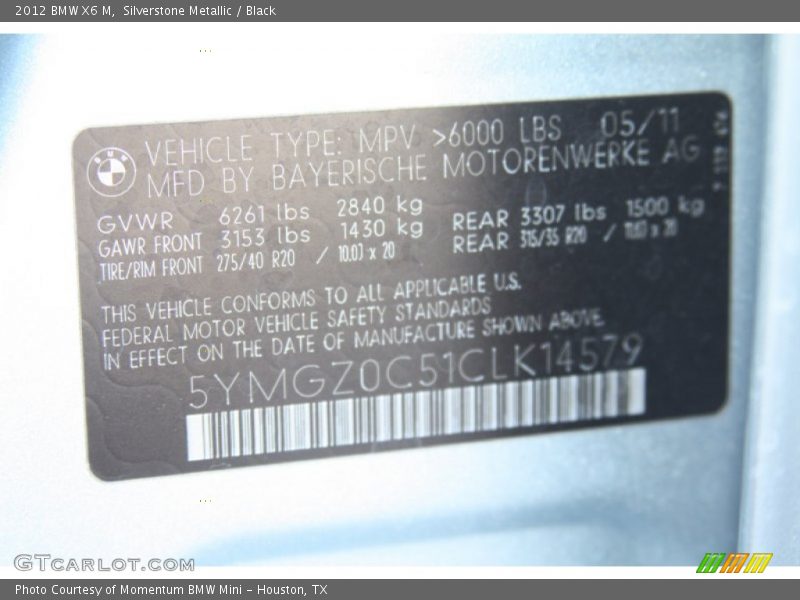 Silverstone Metallic / Black 2012 BMW X6 M