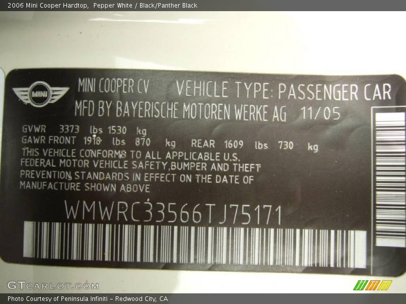 Pepper White / Black/Panther Black 2006 Mini Cooper Hardtop