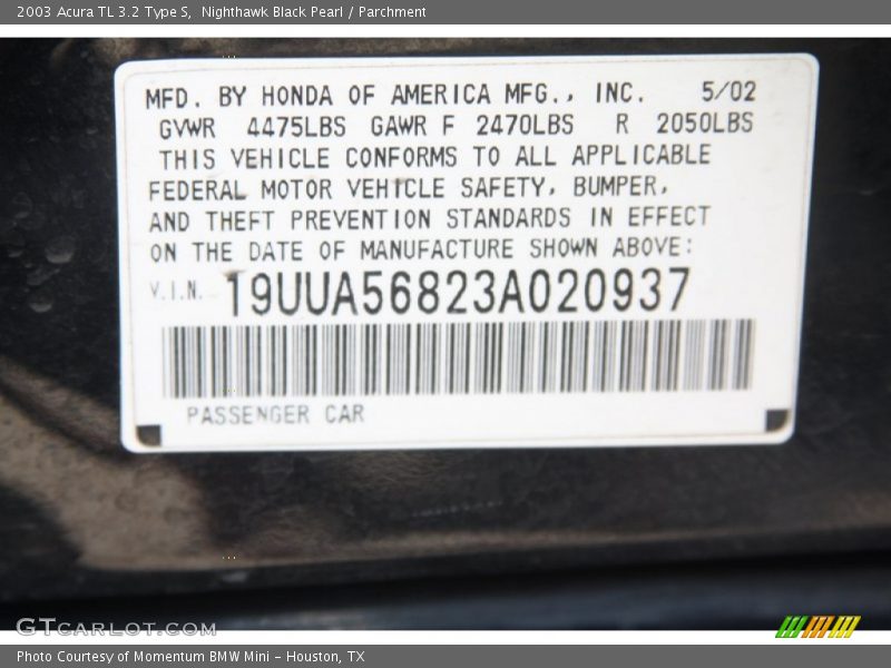 Nighthawk Black Pearl / Parchment 2003 Acura TL 3.2 Type S