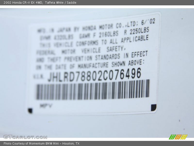 Taffeta White / Saddle 2002 Honda CR-V EX 4WD