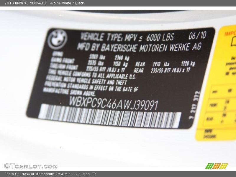 Alpine White / Black 2010 BMW X3 xDrive30i