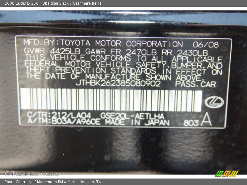 Obsidian Black / Cashmere Beige 2008 Lexus IS 250