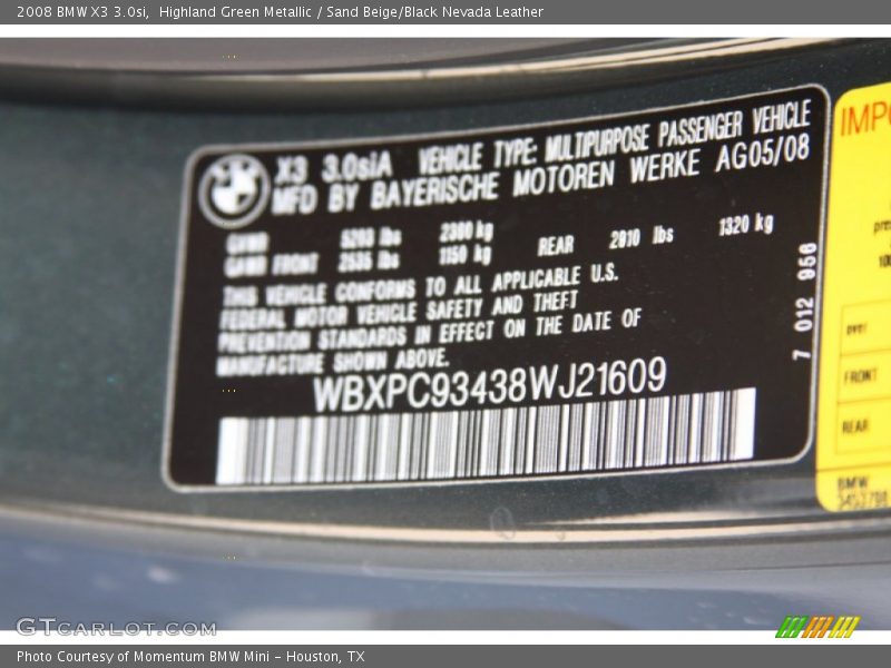 Highland Green Metallic / Sand Beige/Black Nevada Leather 2008 BMW X3 3.0si