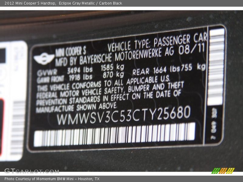Eclipse Gray Metallic / Carbon Black 2012 Mini Cooper S Hardtop
