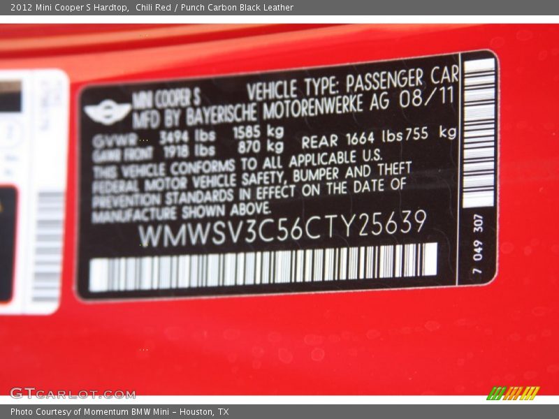 Chili Red / Punch Carbon Black Leather 2012 Mini Cooper S Hardtop