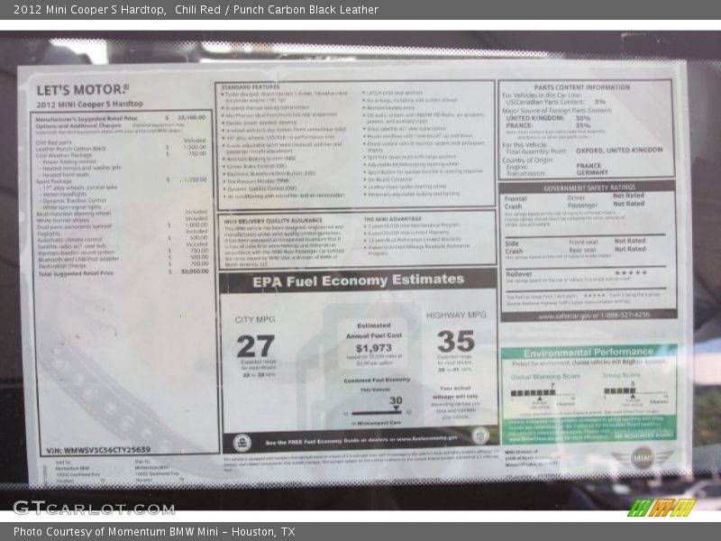  2012 Cooper S Hardtop Window Sticker