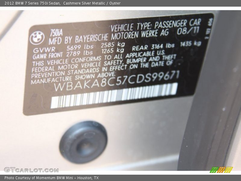 Cashmere Silver Metallic / Oyster 2012 BMW 7 Series 750i Sedan