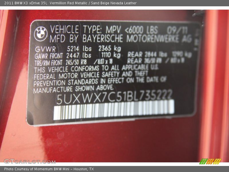 Vermillion Red Metallic / Sand Beige Nevada Leather 2011 BMW X3 xDrive 35i