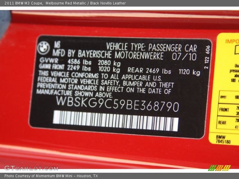 Melbourne Red Metallic / Black Novillo Leather 2011 BMW M3 Coupe
