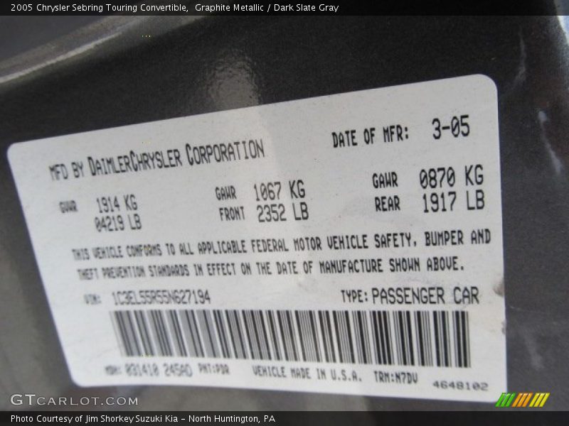 Graphite Metallic / Dark Slate Gray 2005 Chrysler Sebring Touring Convertible
