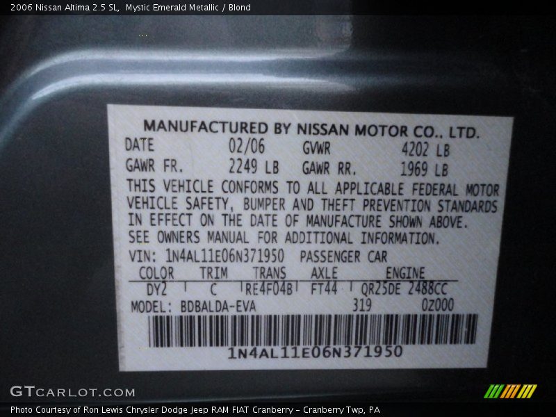 Mystic Emerald Metallic / Blond 2006 Nissan Altima 2.5 SL