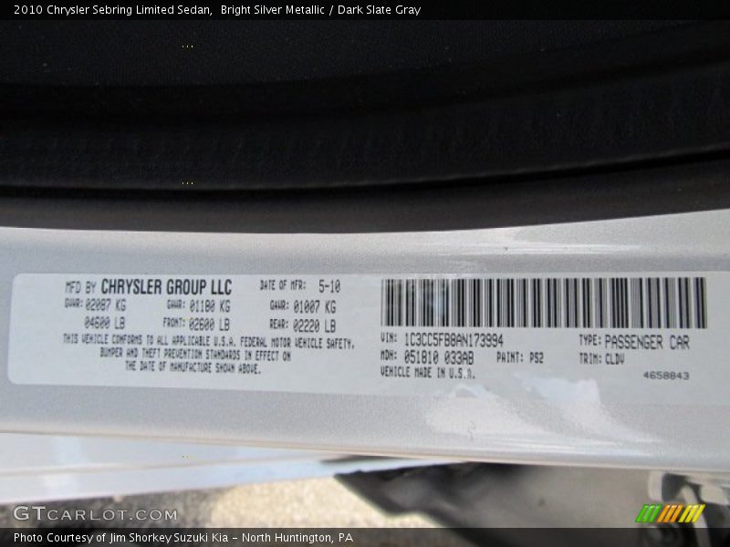 Bright Silver Metallic / Dark Slate Gray 2010 Chrysler Sebring Limited Sedan