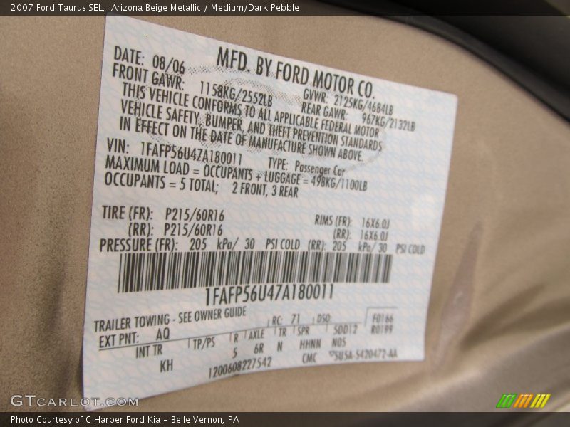 2007 Taurus SEL Arizona Beige Metallic Color Code AQ