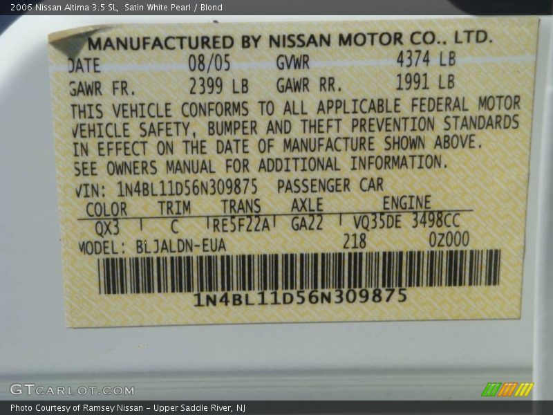 Satin White Pearl / Blond 2006 Nissan Altima 3.5 SL