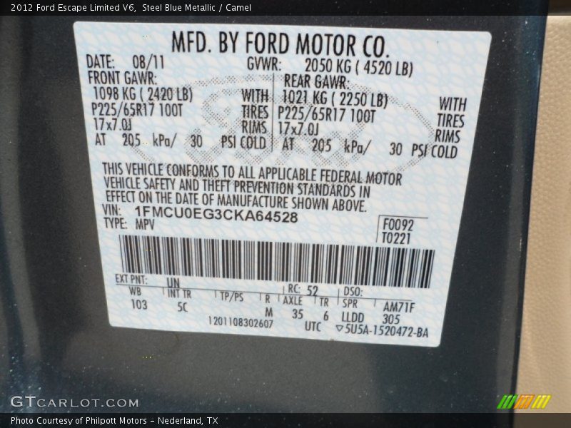 2012 Escape Limited V6 Steel Blue Metallic Color Code UN