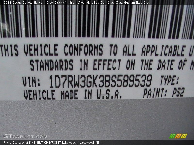 Bright Silver Metallic / Dark Slate Gray/Medium Slate Gray 2011 Dodge Dakota Big Horn Crew Cab 4x4