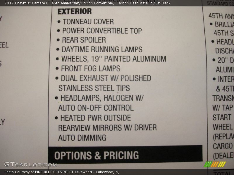 2012 Camaro LT 45th Anniversary Edition Convertible Window Sticker