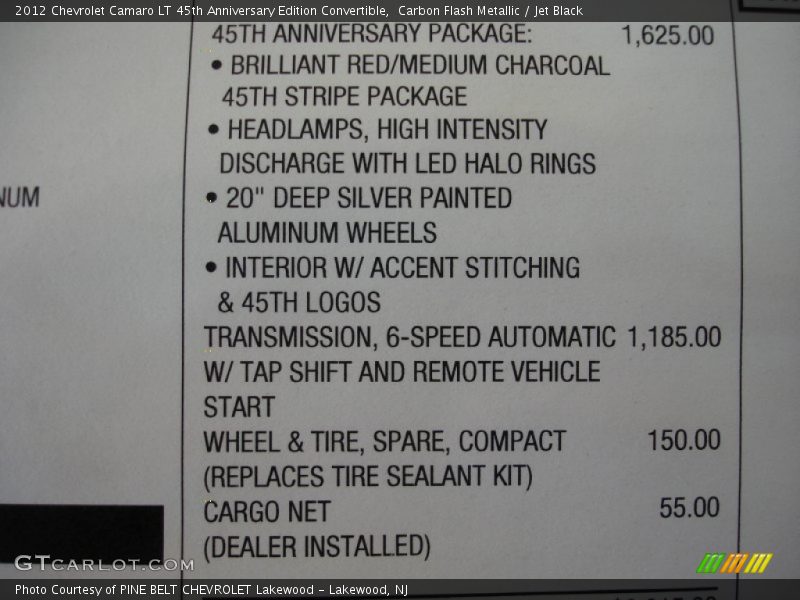 2012 Camaro LT 45th Anniversary Edition Convertible Window Sticker