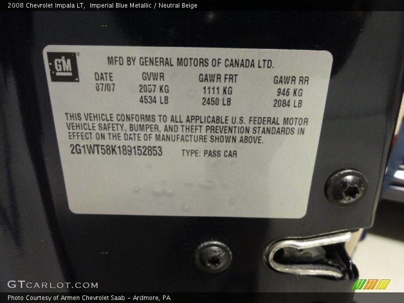 Imperial Blue Metallic / Neutral Beige 2008 Chevrolet Impala LT