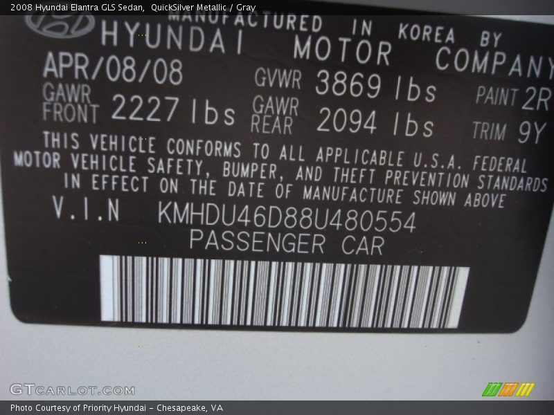 QuickSilver Metallic / Gray 2008 Hyundai Elantra GLS Sedan