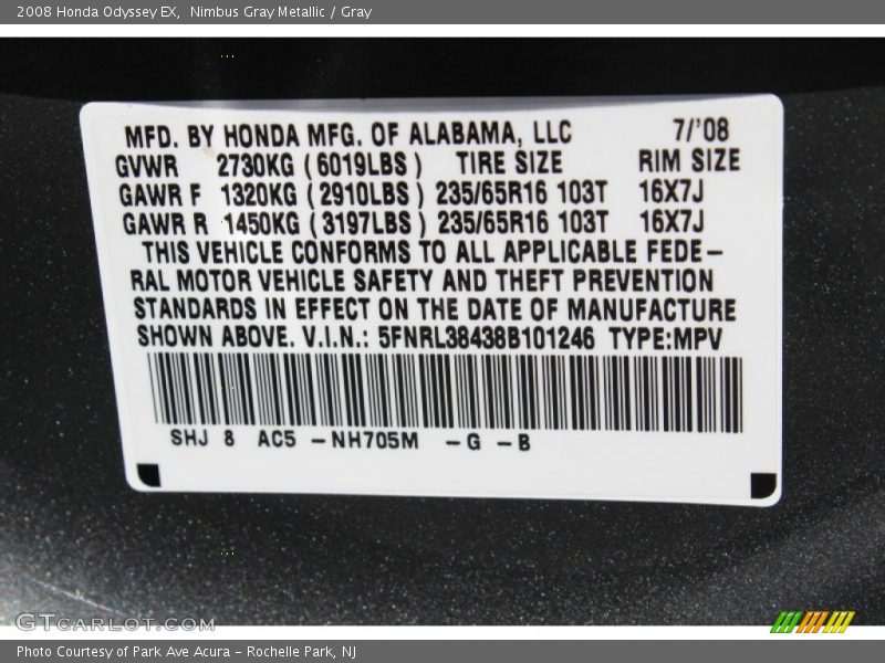 Nimbus Gray Metallic / Gray 2008 Honda Odyssey EX