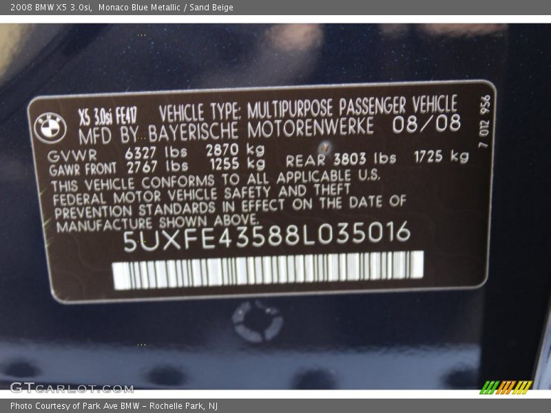 Monaco Blue Metallic / Sand Beige 2008 BMW X5 3.0si