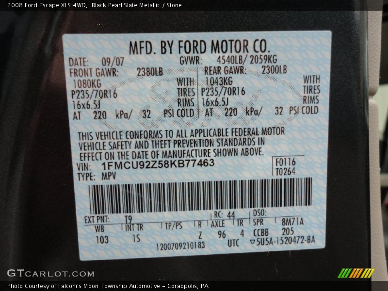 2008 Escape XLS 4WD Black Pearl Slate Metallic Color Code T9