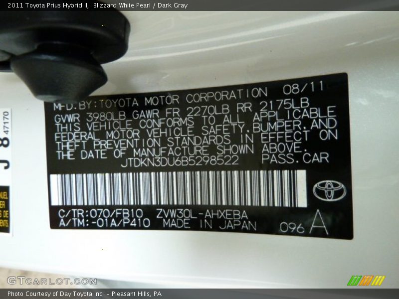 Blizzard White Pearl / Dark Gray 2011 Toyota Prius Hybrid II