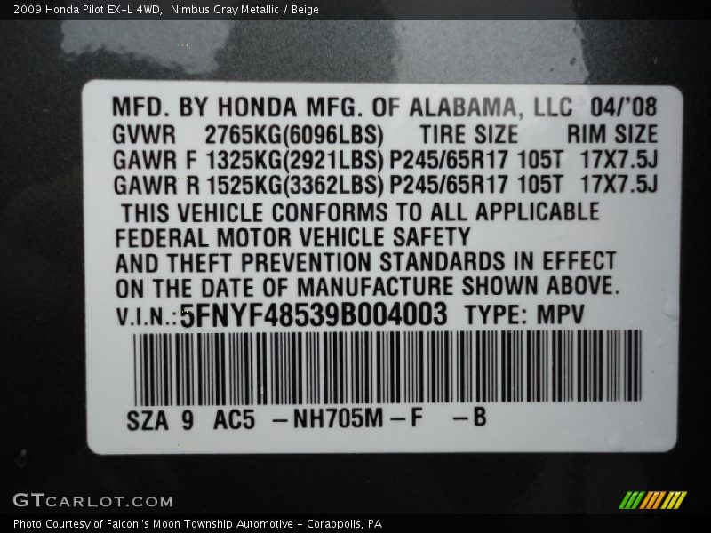 Nimbus Gray Metallic / Beige 2009 Honda Pilot EX-L 4WD