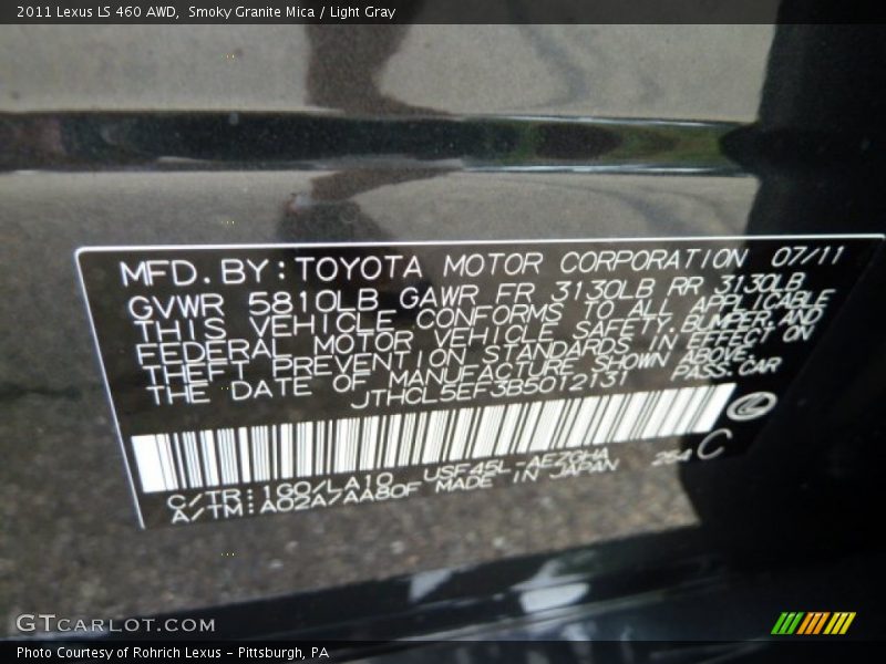 2011 LS 460 AWD Smoky Granite Mica Color Code 1G0