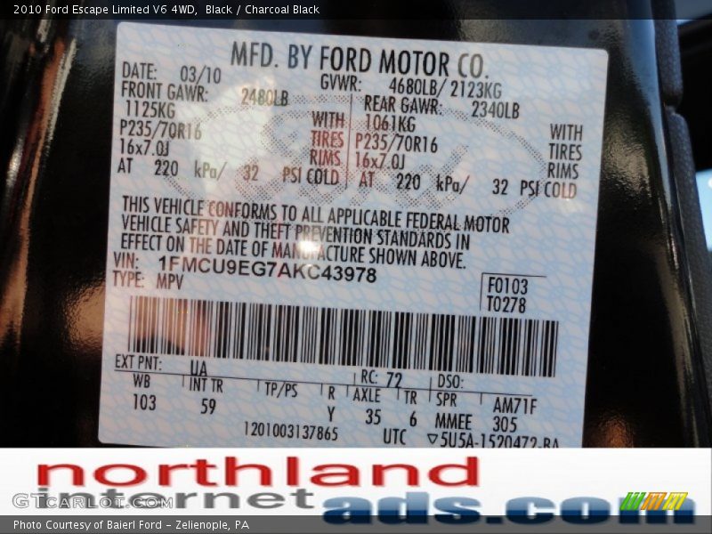 Black / Charcoal Black 2010 Ford Escape Limited V6 4WD