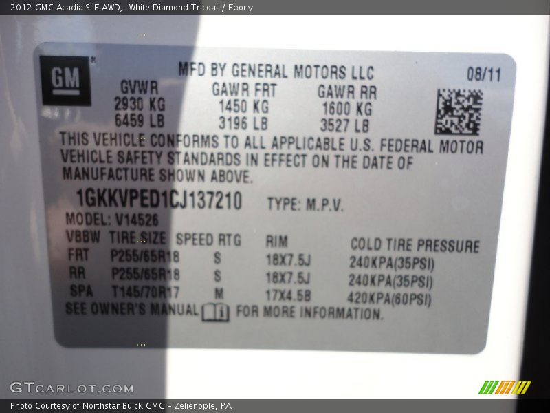 White Diamond Tricoat / Ebony 2012 GMC Acadia SLE AWD