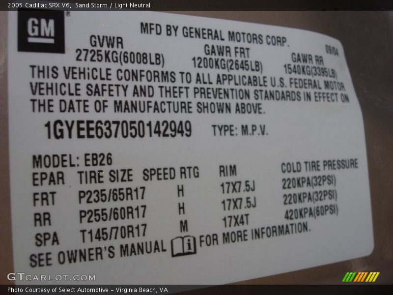 Sand Storm / Light Neutral 2005 Cadillac SRX V6