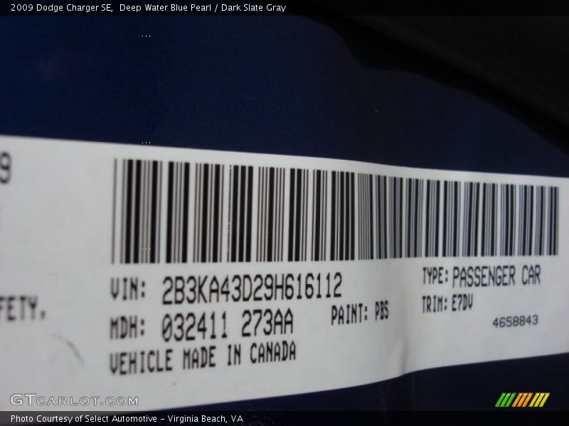 Deep Water Blue Pearl / Dark Slate Gray 2009 Dodge Charger SE