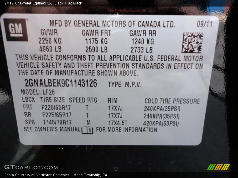 Info Tag of 2012 Equinox LS