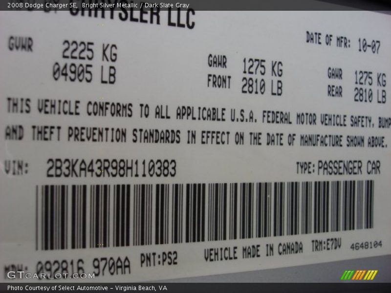 Bright Silver Metallic / Dark Slate Gray 2008 Dodge Charger SE