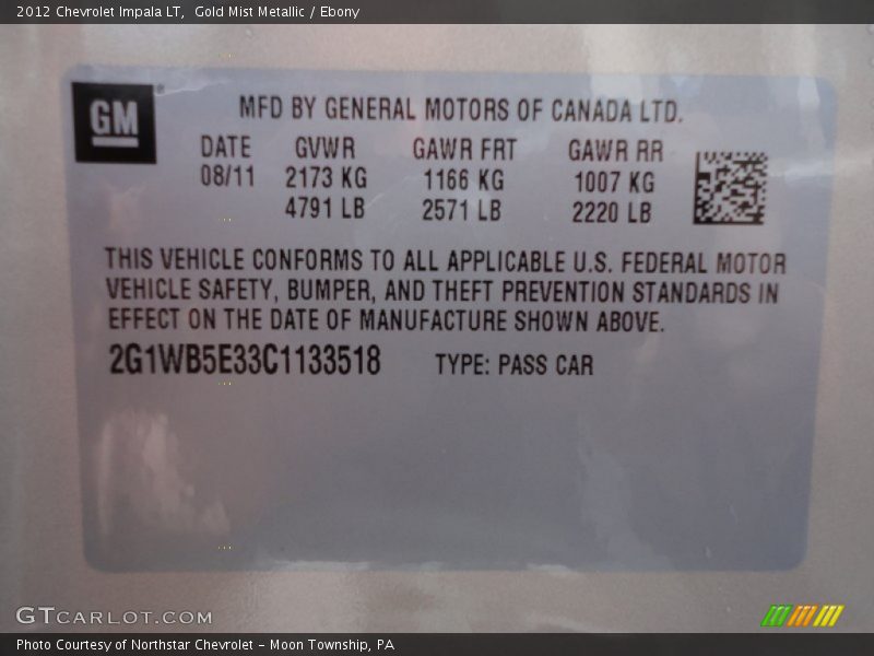 Gold Mist Metallic / Ebony 2012 Chevrolet Impala LT