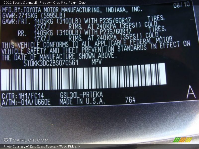 Predawn Gray Mica / Light Gray 2011 Toyota Sienna LE