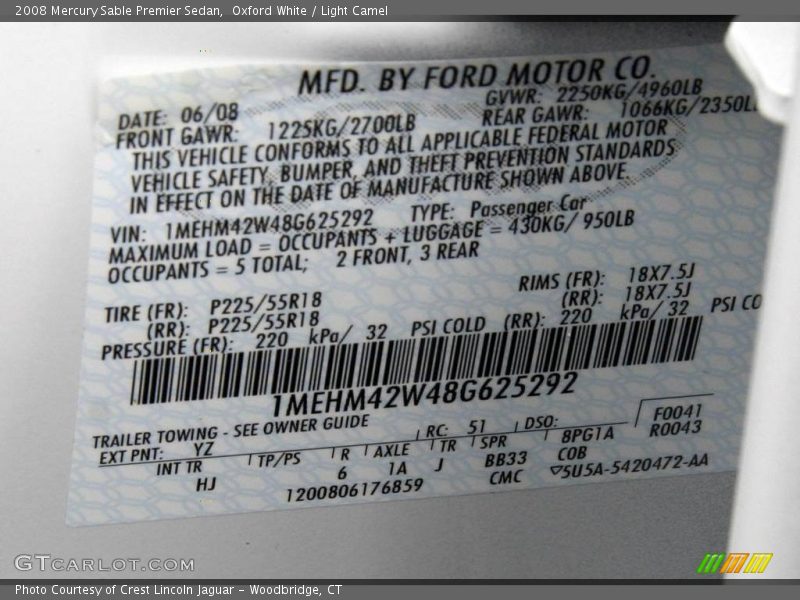 Oxford White / Light Camel 2008 Mercury Sable Premier Sedan