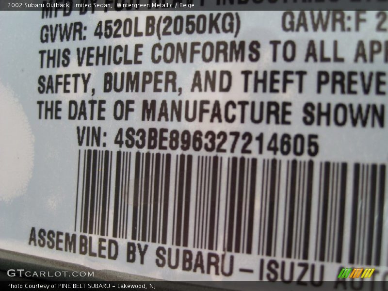 Wintergreen Metallic / Beige 2002 Subaru Outback Limited Sedan