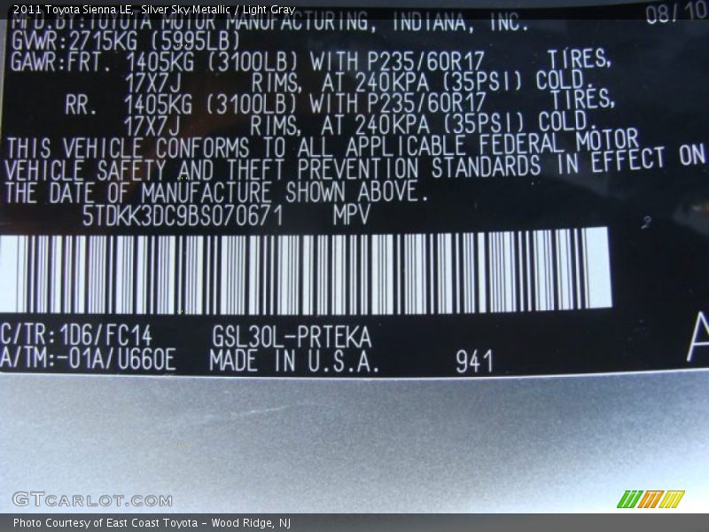 Silver Sky Metallic / Light Gray 2011 Toyota Sienna LE