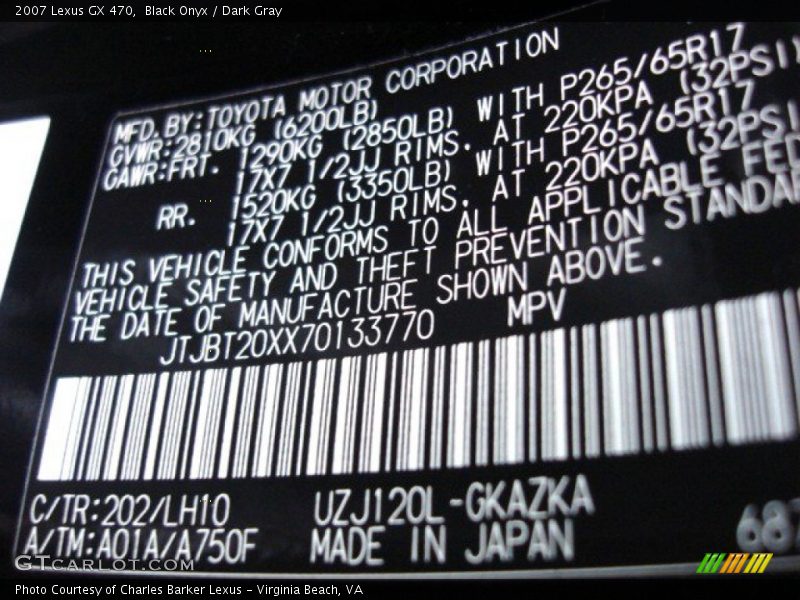 Black Onyx / Dark Gray 2007 Lexus GX 470