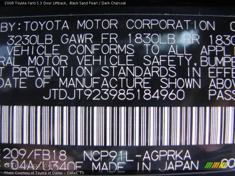 Black Sand Pearl / Dark Charcoal 2008 Toyota Yaris S 3 Door Liftback