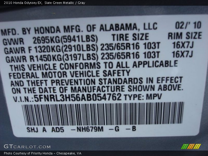 2010 Odyssey EX Slate Green Metallic Color Code NH679M